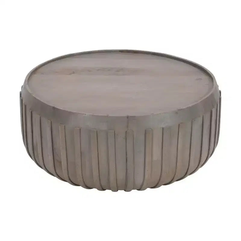 Table basse de 36 pouces, forme de tambour fabriquée à la main avec bords nervurés, en bois de manguier