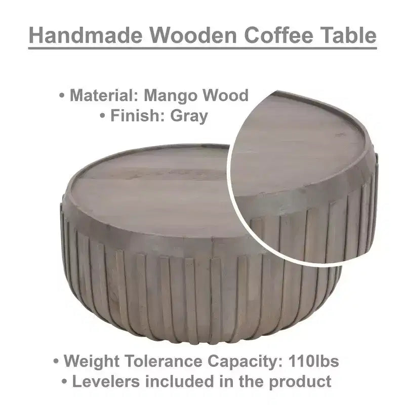 Table basse de 36 pouces, forme de tambour fabriquée à la main avec bords nervurés, en bois de manguier