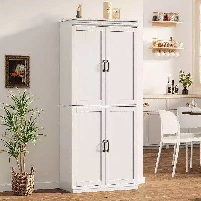 Tall kitchen storage cabinet with doors and adjustable shelves, freestanding cabinet, suitable for bathrooms, dining rooms, and living rooms.