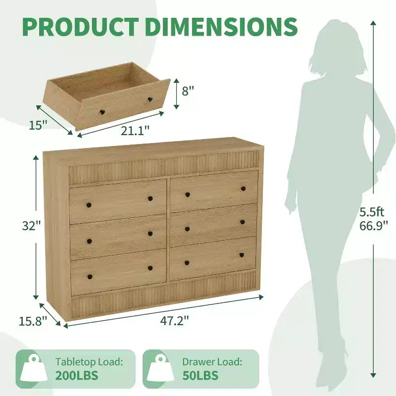 Commode à 6 tiroirs cannelés de 47 po, coffre de rangement en bois à double cannelure pour chambre à coucher, chambre d'enfant ou salon