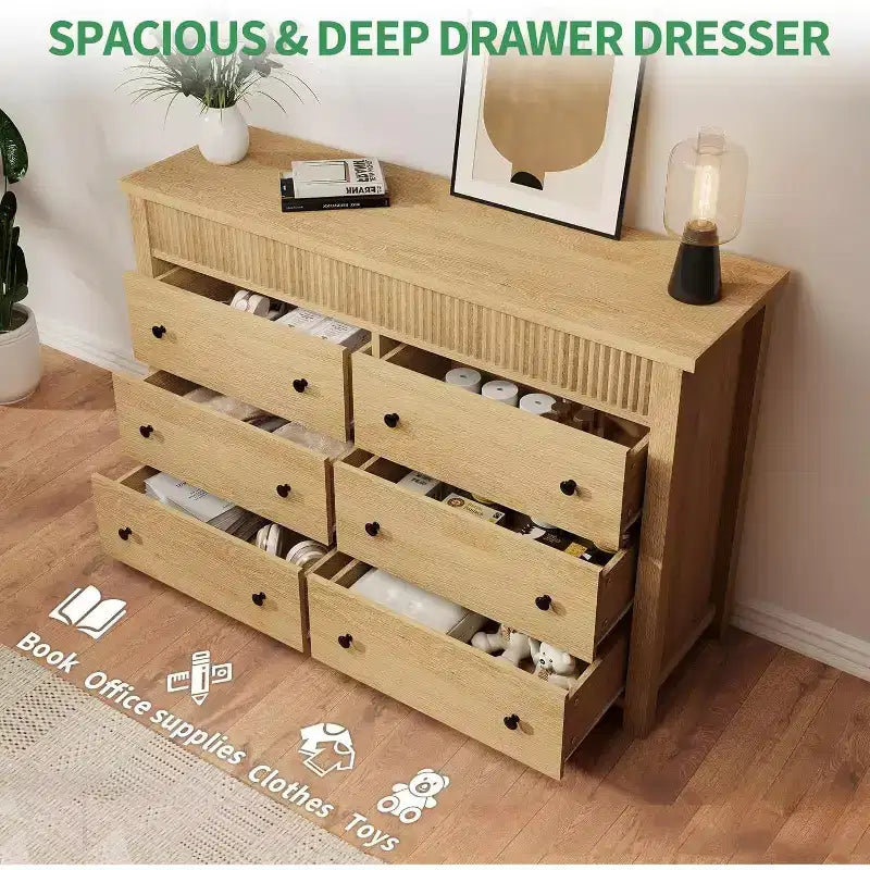 Commode à 6 tiroirs cannelés de 47 po, coffre de rangement en bois à double cannelure pour chambre à coucher, chambre d'enfant ou salon