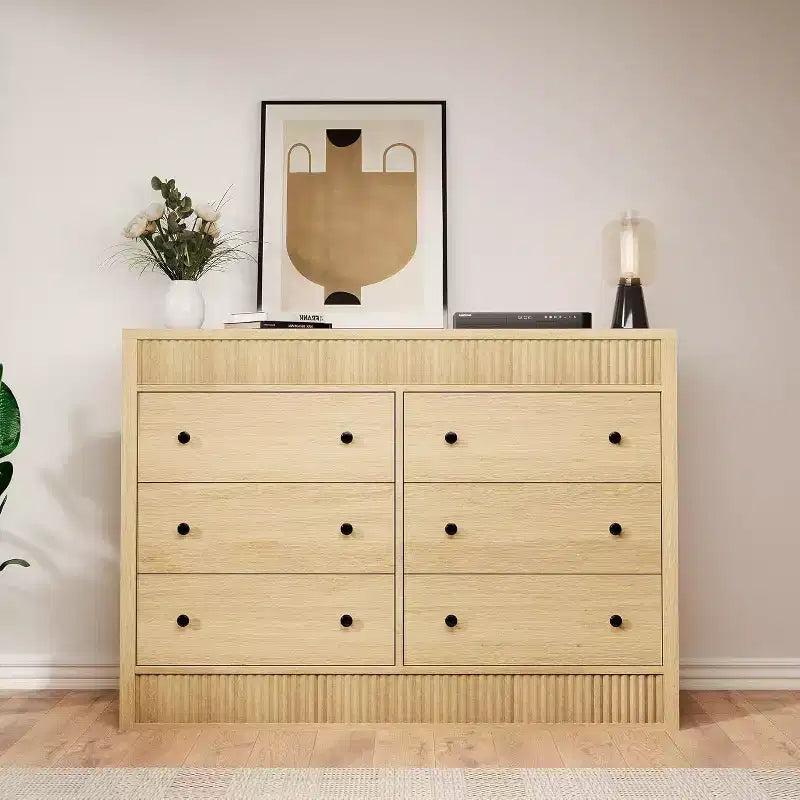 Commode à 6 tiroirs cannelés de 47 po, coffre de rangement en bois à double cannelure pour chambre à coucher, chambre d'enfant ou salon