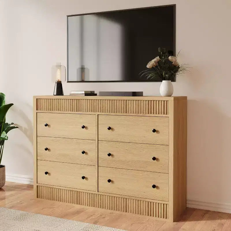 Commode à 6 tiroirs cannelés de 47 po, coffre de rangement en bois à double cannelure pour chambre à coucher, chambre d'enfant ou salon