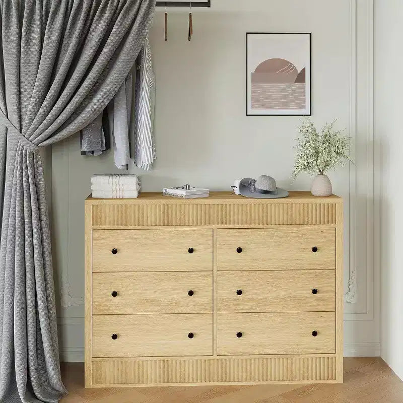 Commode à 6 tiroirs cannelés de 47 po, coffre de rangement en bois à double cannelure pour chambre à coucher, chambre d'enfant ou salon