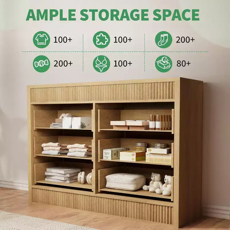 Commode à 6 tiroirs cannelés de 47 po, coffre de rangement en bois à double cannelure pour chambre à coucher, chambre d'enfant ou salon