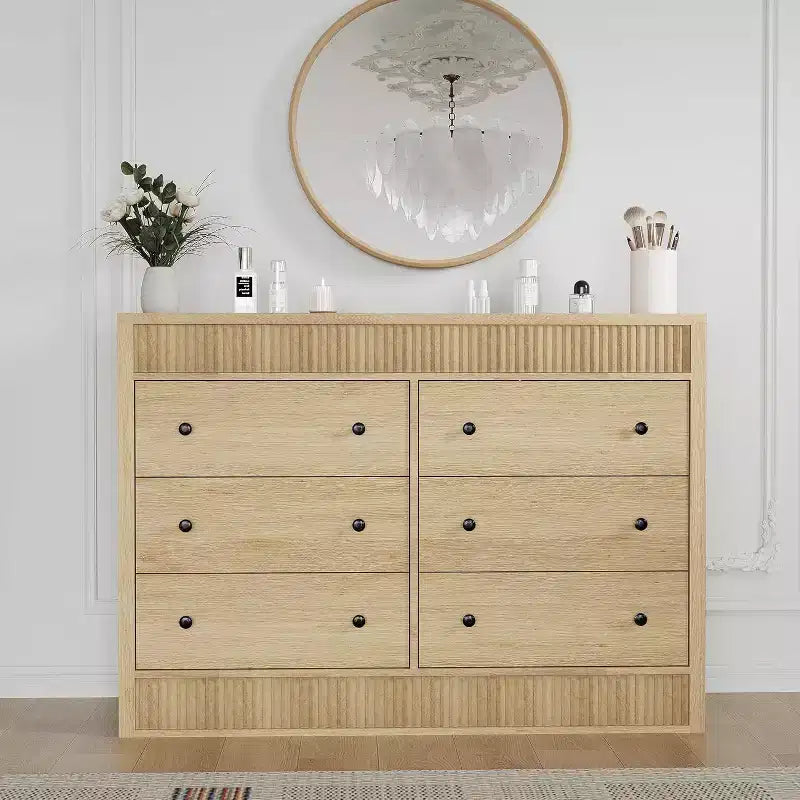 Commode à 6 tiroirs cannelés de 47 po, coffre de rangement en bois à double cannelure pour chambre à coucher, chambre d'enfant ou salon