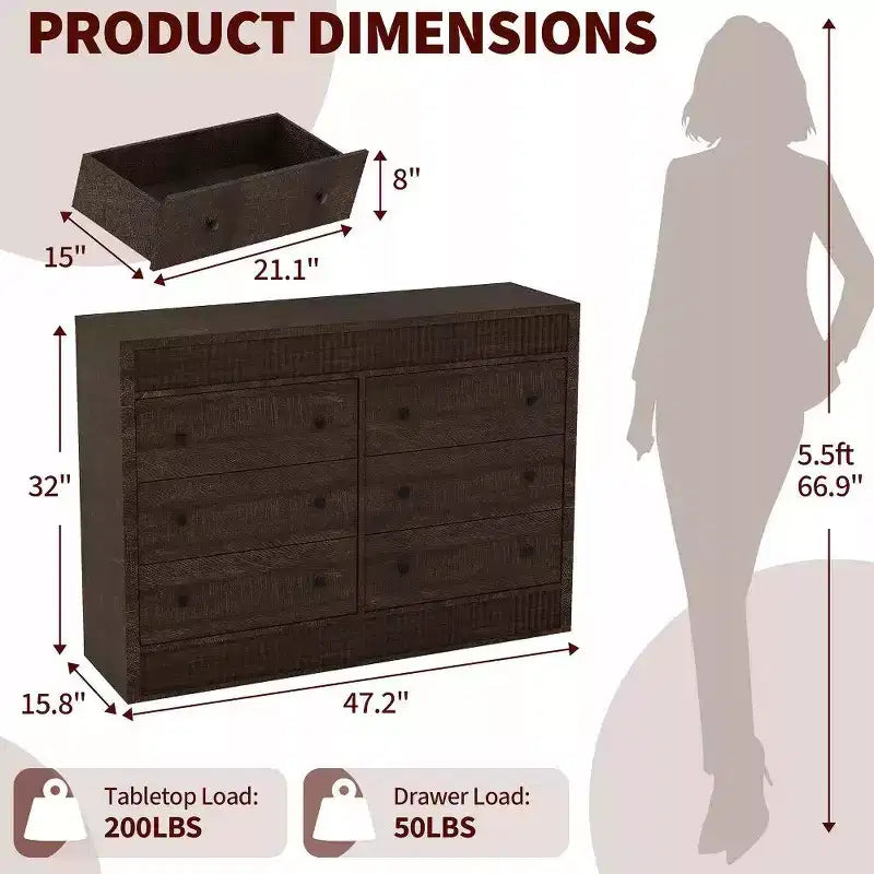 Commode à 6 tiroirs cannelés de 47 po, coffre de rangement en bois à double cannelure pour chambre à coucher, chambre d'enfant ou salon