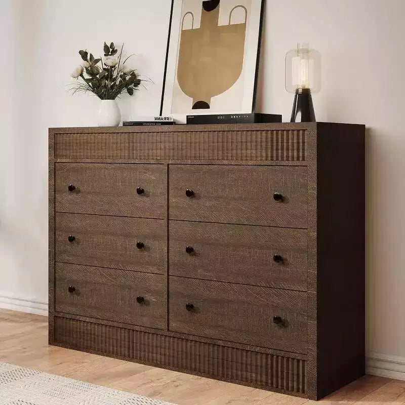 Commode à 6 tiroirs cannelés de 47 po, coffre de rangement en bois à double cannelure pour chambre à coucher, chambre d'enfant ou salon