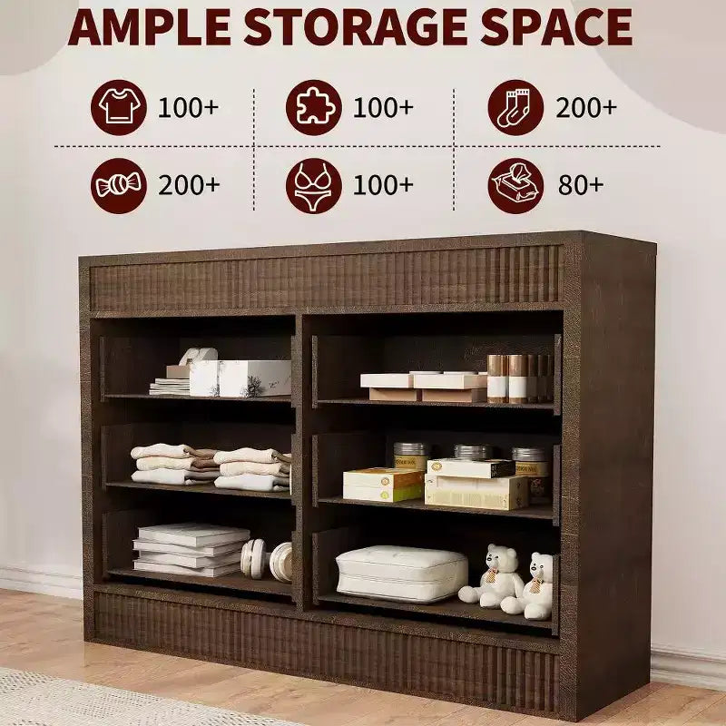 Commode à 6 tiroirs cannelés de 47 po, coffre de rangement en bois à double cannelure pour chambre à coucher, chambre d'enfant ou salon