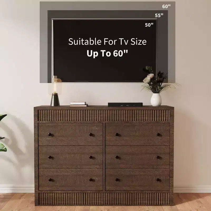 Commode à 6 tiroirs cannelés de 47 po, coffre de rangement en bois à double cannelure pour chambre à coucher, chambre d'enfant ou salon