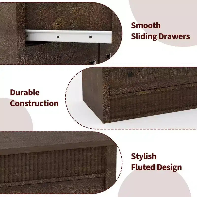 Commode à 6 tiroirs cannelés de 47 po, coffre de rangement en bois à double cannelure pour chambre à coucher, chambre d'enfant ou salon