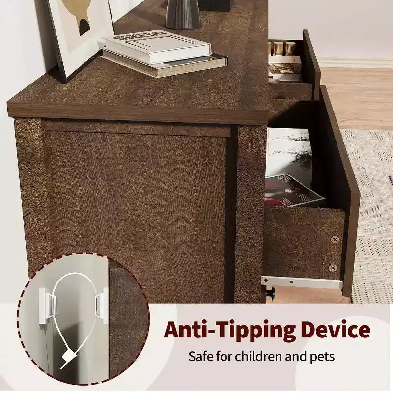 Commode à 6 tiroirs cannelés de 47 po, coffre de rangement en bois à double cannelure pour chambre à coucher, chambre d'enfant ou salon