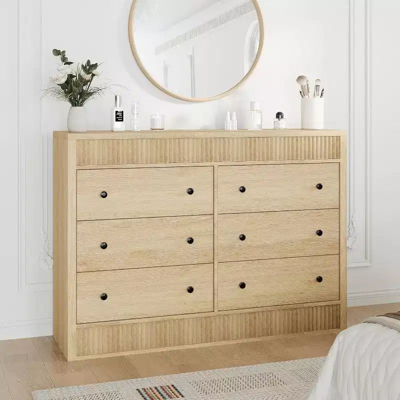 Commode à 6 tiroirs cannelés de 47 po, coffre de rangement en bois à double cannelure pour chambre à coucher, chambre d'enfant ou salon