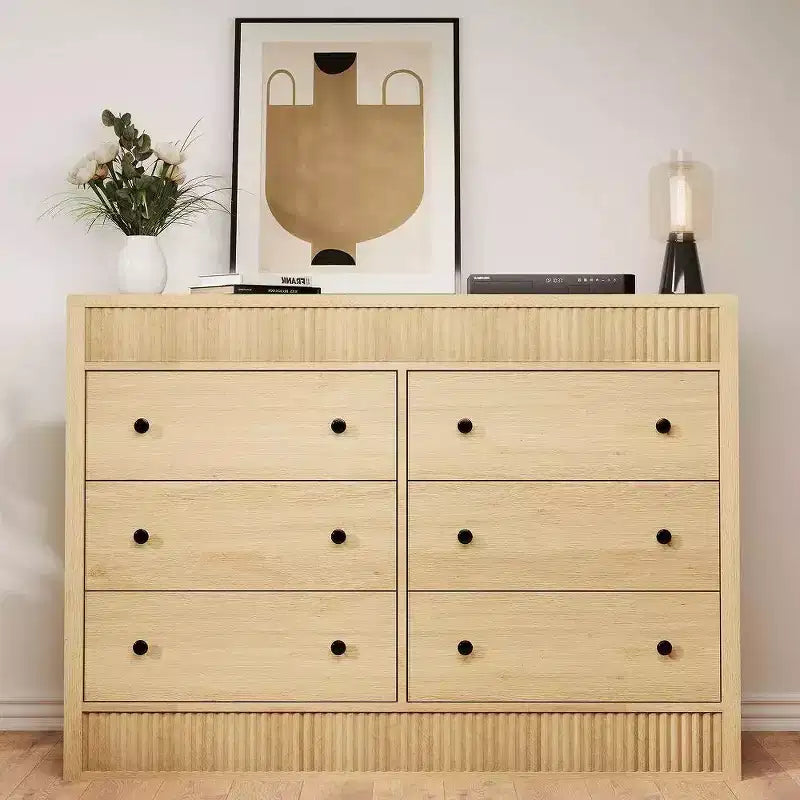 Commode à 6 tiroirs cannelés de 47 po, coffre de rangement en bois à double cannelure pour chambre à coucher, chambre d'enfant ou salon