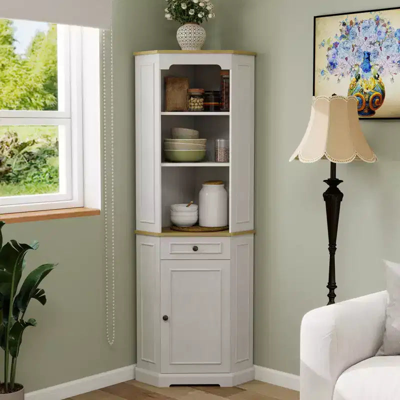 GDFStudio Dejon 68 Tall Corner Storage Cabinet with Drawer and Adjustable Shelves