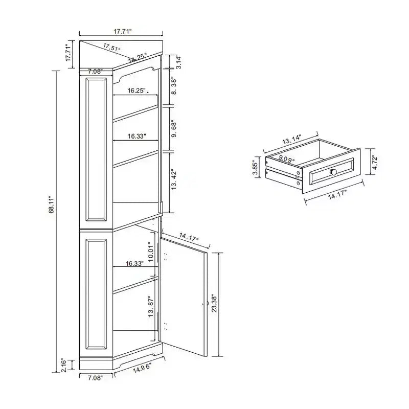 Armoire de rangement d'angle de 173 cm avec tiroir et étagères réglables