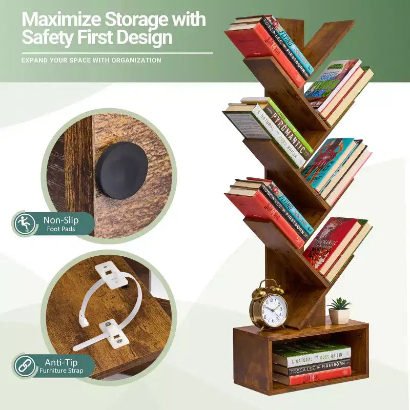 Étagère Arbre Zigzag à 7 Niveaux avec Tiroir Ouvert pour Livres, Décorations et Accessoires - Unité de Rangement Peu Encombrante pour Salon, Chambre, Bureau