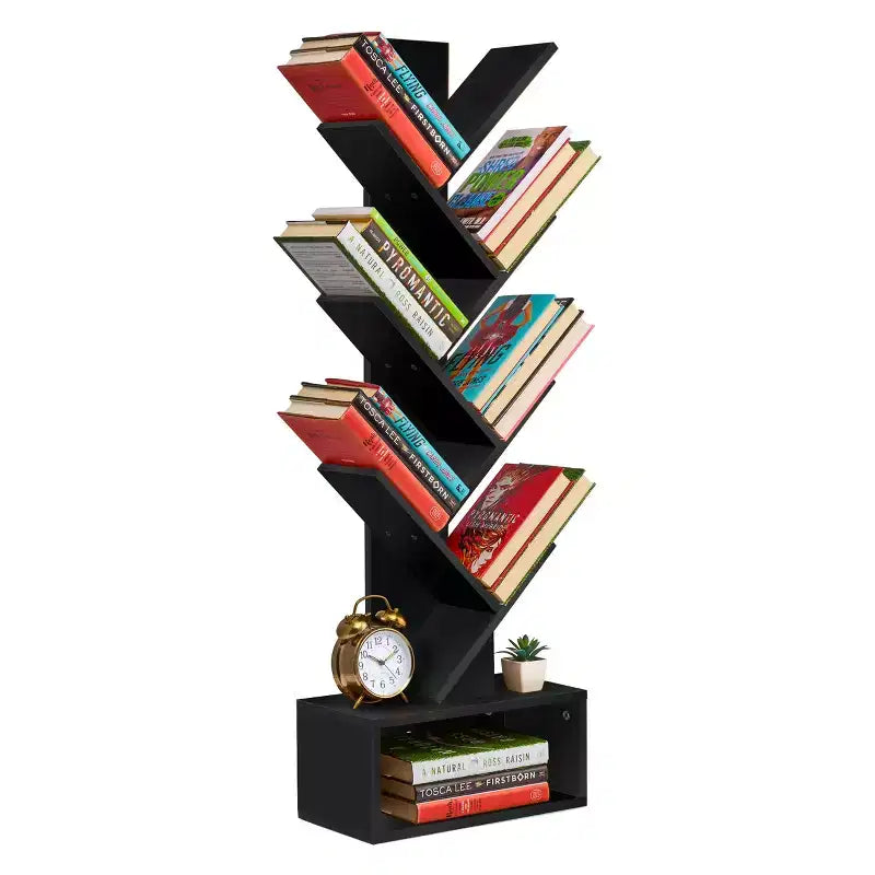Sorbus 7-Tier Zigzag Tree Bookcase with Open Drawer for Books, Decor, and Accessories - Space-Saving Organizer Unit for Living Room, Bedroom, Office