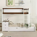 Bellemave Twin-Over-Twin Bunk Bed with Twin size Trundle, Storage and Desk, White+Walnut