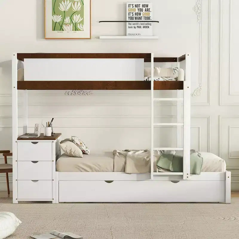 Bellemave Twin-Over-Twin Bunk Bed with Twin size Trundle, Storage and Desk, White+Walnut