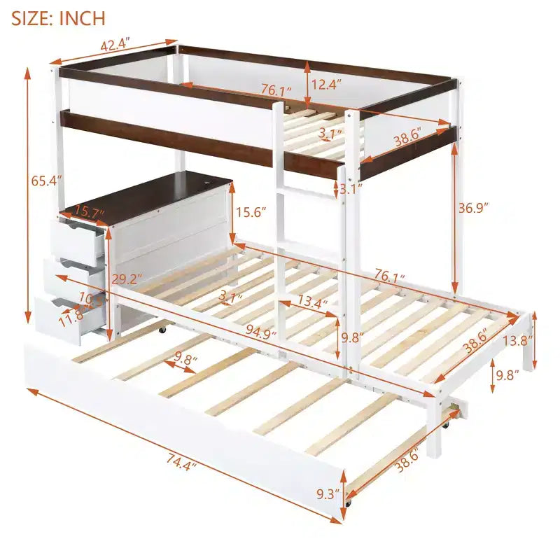 Lit superposé simple sur simple avec lit gigogne simple, rangement et bureau, blanc et noyer