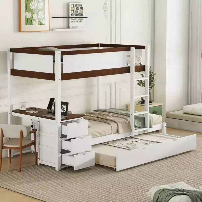 Lit superposé simple sur simple avec lit gigogne simple, rangement et bureau, blanc et noyer