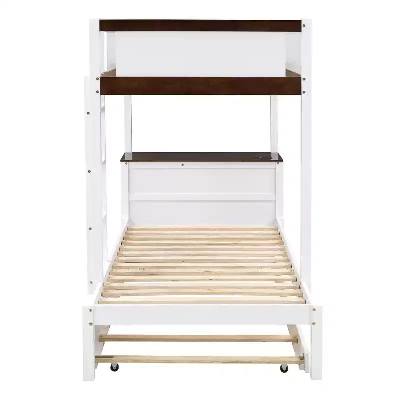 Lit superposé simple sur simple avec lit gigogne simple, rangement et bureau, blanc et noyer