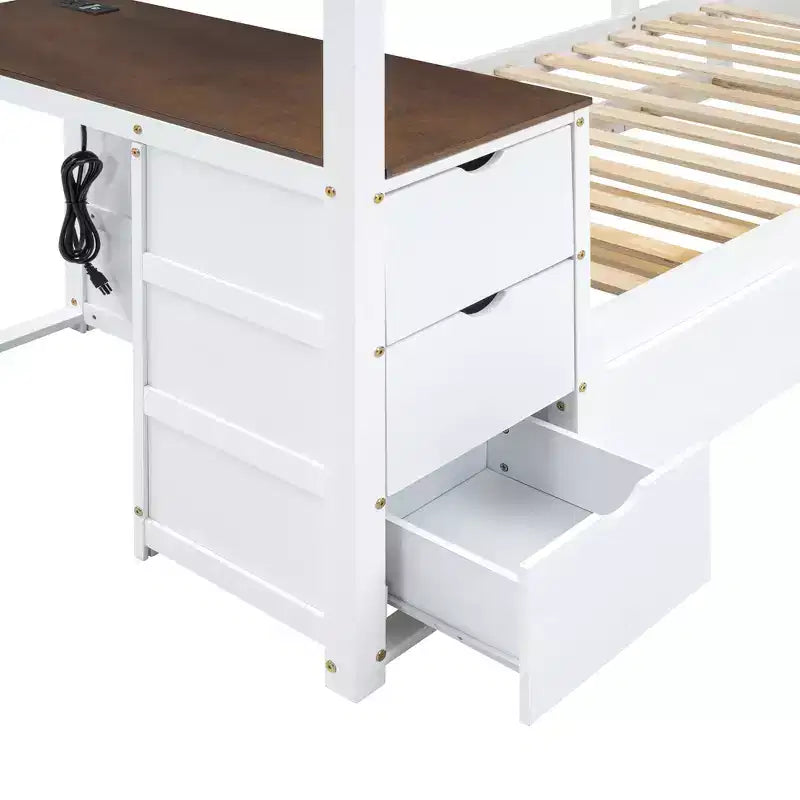 Lit superposé simple sur simple avec lit gigogne simple, rangement et bureau, blanc et noyer