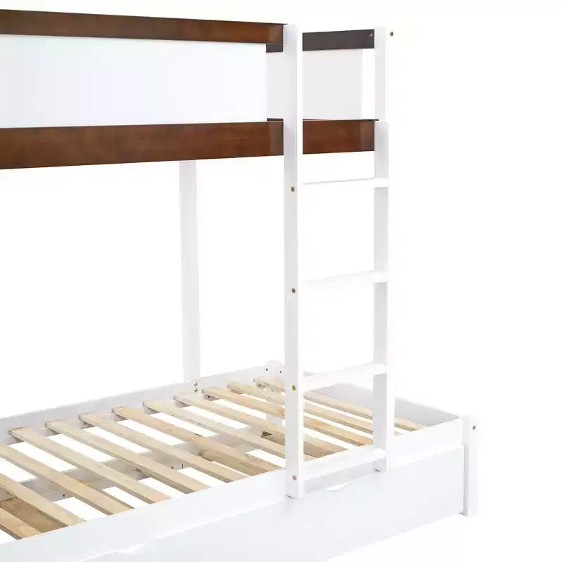 Lit superposé simple sur simple avec lit gigogne simple, rangement et bureau, blanc et noyer