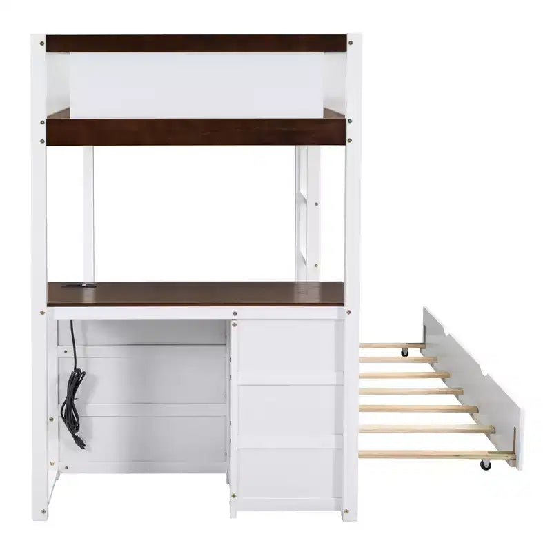 Lit superposé simple sur simple avec lit gigogne simple, rangement et bureau, blanc et noyer