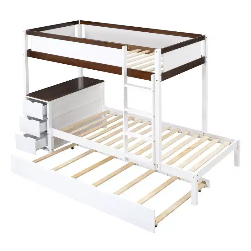 Lit superposé simple sur simple avec lit gigogne simple, rangement et bureau, blanc et noyer