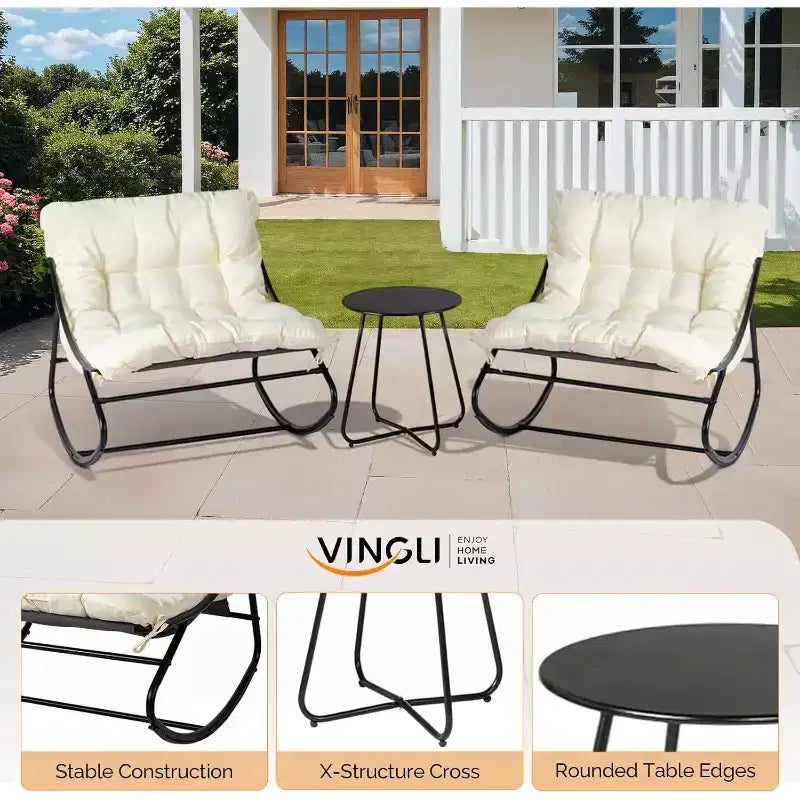 VINGLI Ensemble de 2 chaises berçantes de patio avec table d'appoint, capacité de 180 kg, chaises à bascule rembourrées pour l'extérieur et l'intérieur, blanc