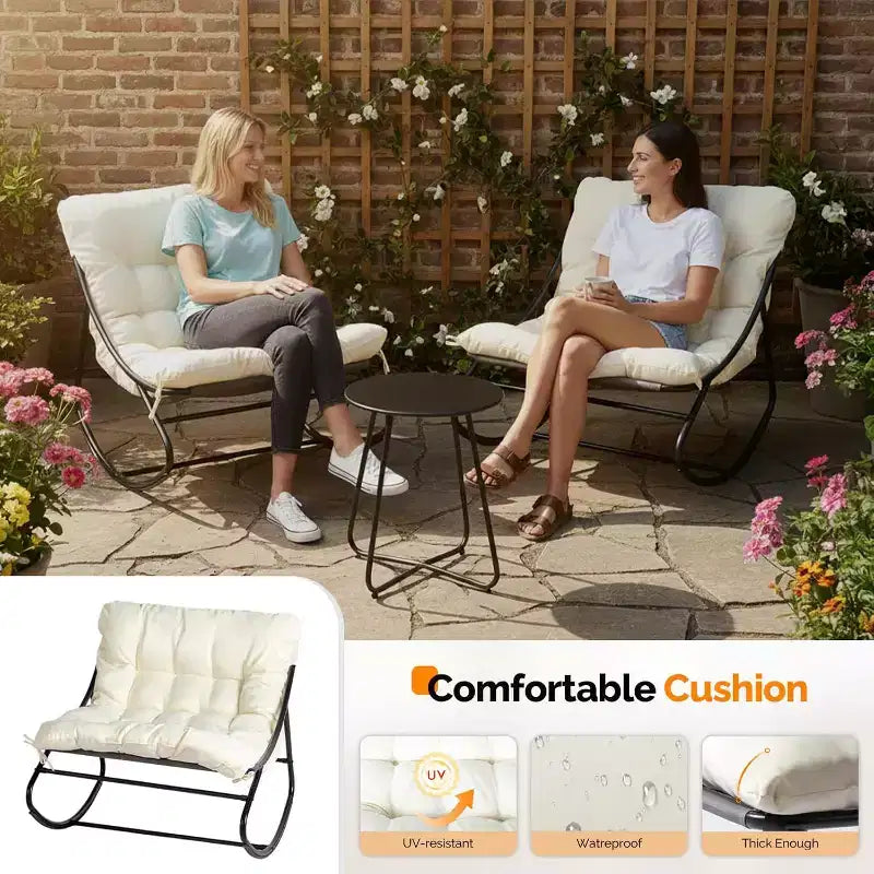 VINGLI Ensemble de 2 chaises berçantes de patio avec table d'appoint, capacité de 180 kg, chaises à bascule rembourrées pour l'extérieur et l'intérieur, blanc