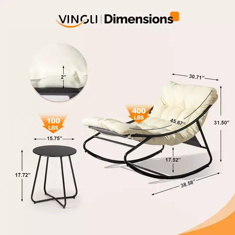 VINGLI Ensemble de 2 chaises berçantes de patio avec table d'appoint, capacité de 180 kg, chaises à bascule rembourrées pour l'extérieur et l'intérieur, blanc