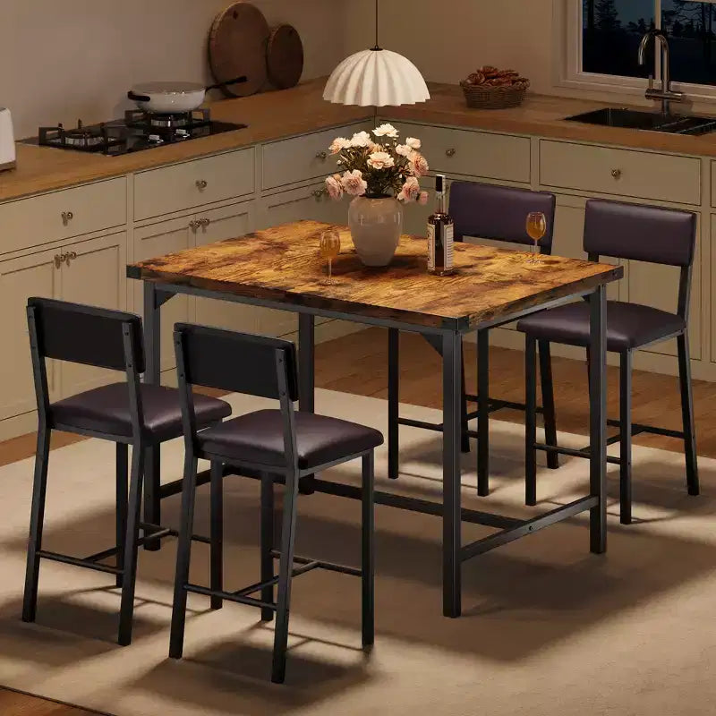 Ensemble de table à manger pour 4, ensemble de table de cuisine 5 pièces, repose-pieds, protection d'angle, table à hauteur de comptoir, 2 tabourets de bar rembourrés, pour la cuisine
