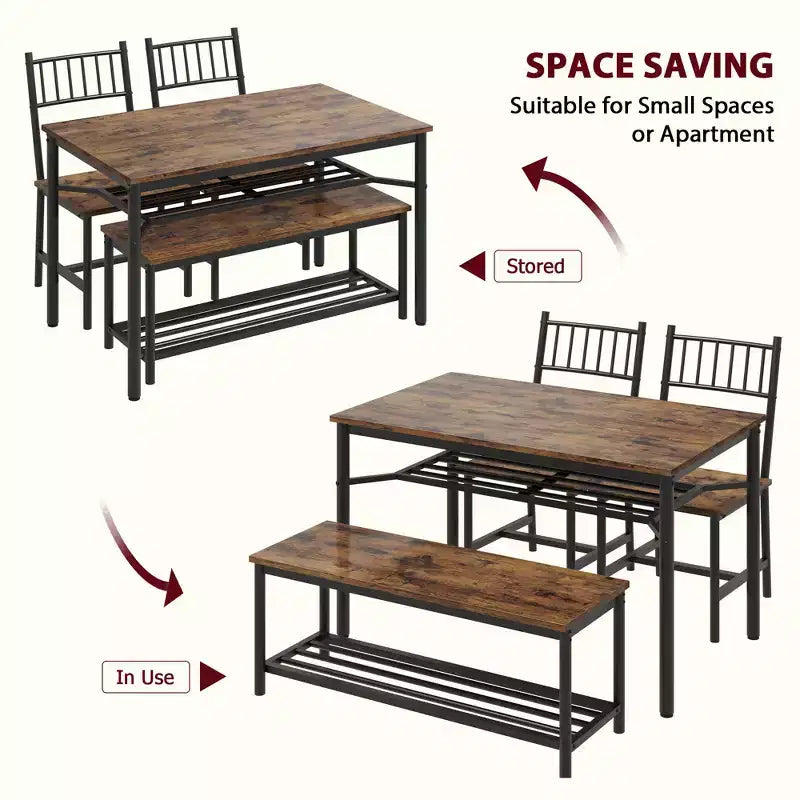 Ensemble de table à manger de ferme pour 4 personnes, ensemble de meubles de salle à manger rectangulaire, banc 2 places avec étagère de rangement, montage facile, pour petit espace