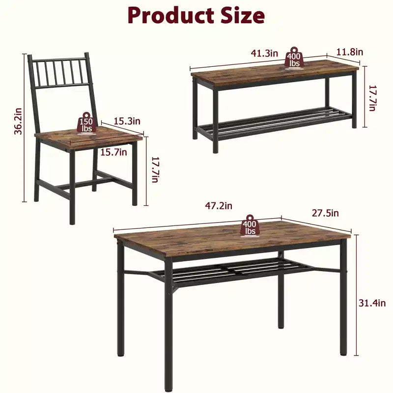 Ensemble de table à manger de ferme pour 4 personnes, ensemble de meubles de salle à manger rectangulaire, banc 2 places avec étagère de rangement, montage facile, pour petit espace