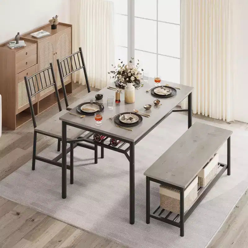 Ensemble de table à manger de ferme pour 4 personnes, ensemble de meubles de salle à manger rectangulaire, banc 2 places avec étagère de rangement, montage facile, pour petit espace