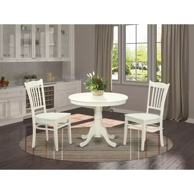 Ensemble moderne de 3 pièces de cuisine à manger - Table ronde et 2 chaises - Finition blanc lin