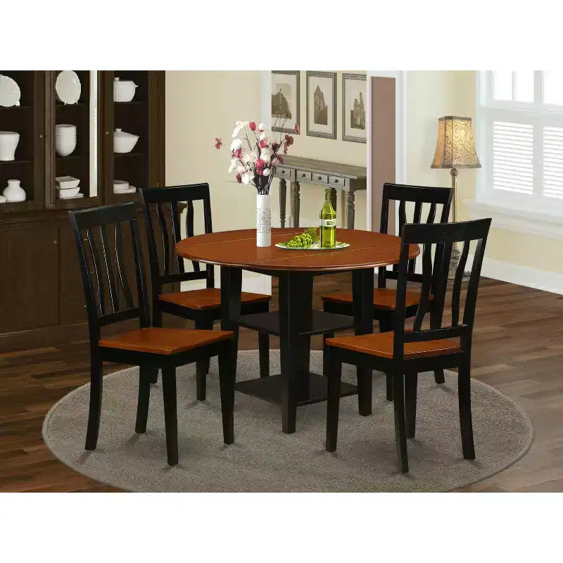 Ensemble Table et Chaises Rondes 5 Pièces - Finition Cerisier Noir - Pour Cuisine et Salle à Manger
