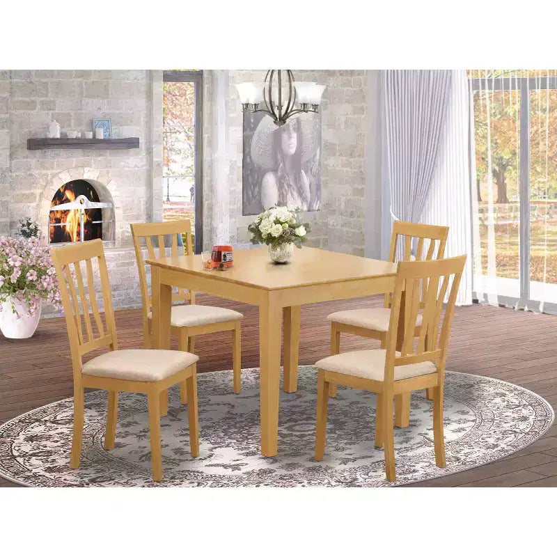 Ensemble Table et Chaises de Salle à Manger 4 Personnes - 5 Pièces - Chaises en Tissu Lin - Finition Chêne 36x36 Pouces