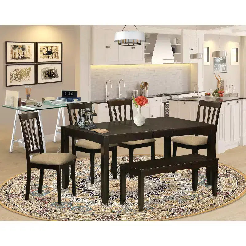Ensemble de salle à manger 6 pièces Table avec chaises et banc - Fini cappuccino, 36x66 pouces