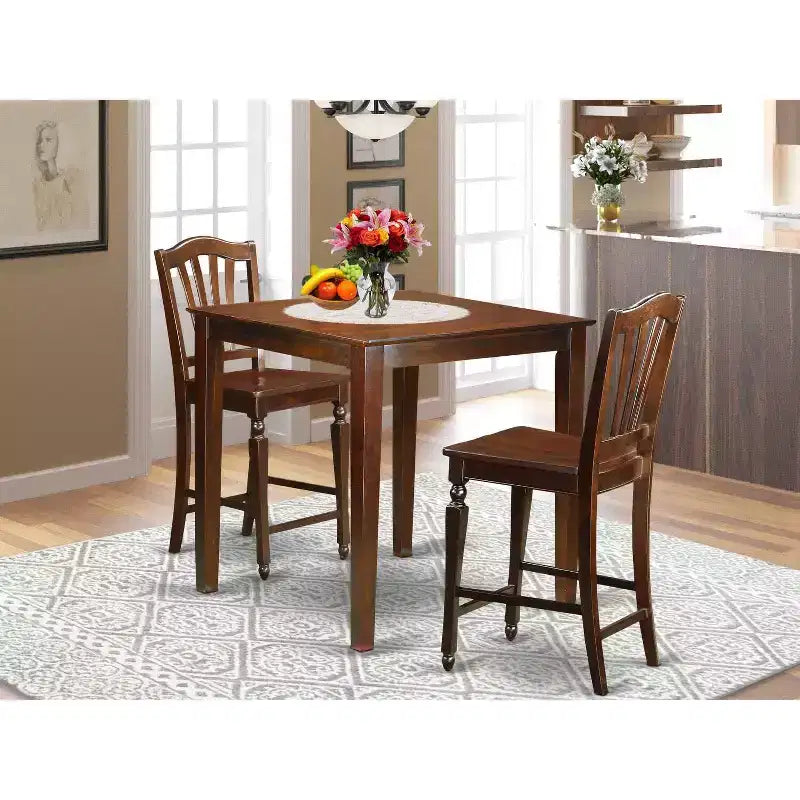 Ensemble de Pub Hauteur Comptoir - Table et Chaises Style Asiatique 3 Pièces - Ensemble Salle à Manger pour Petits Espaces - Acajou 36x36 Pouces