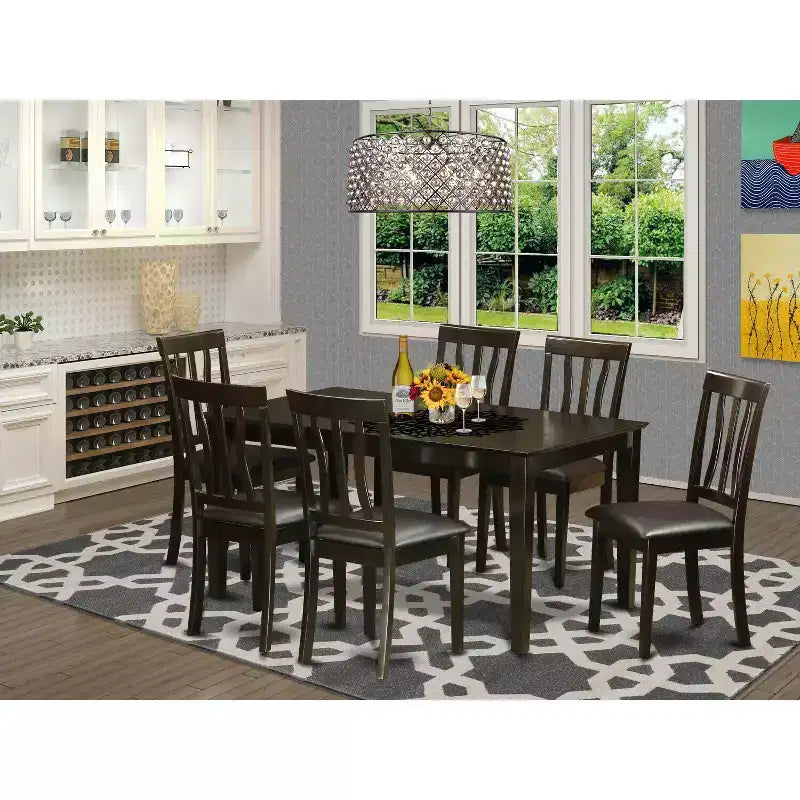 Table à manger rectangulaire 7 pièces HomeStock avec plateau en bois massif finition cappuccino et 6 chaises