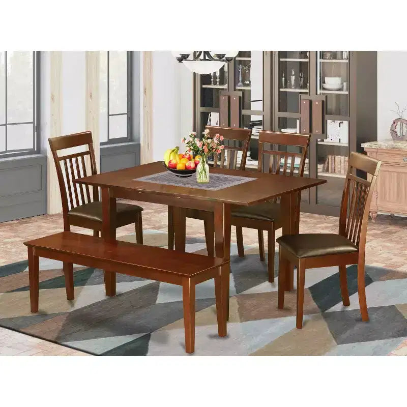 Ensemble de salle à manger moderne 6 pièces - Table en bois et chaises en similicuir - Banc inclus - 81x152 cm