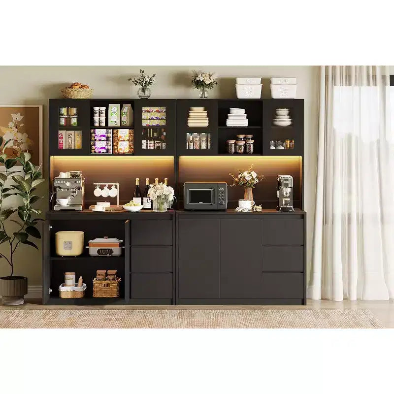 Meuble de rangement 71 po pour garde-manger/cuisine, meuble de rangement avec lumières DEL et prises de courant, support pour micro-ondes, porte en verre, étagères réglables