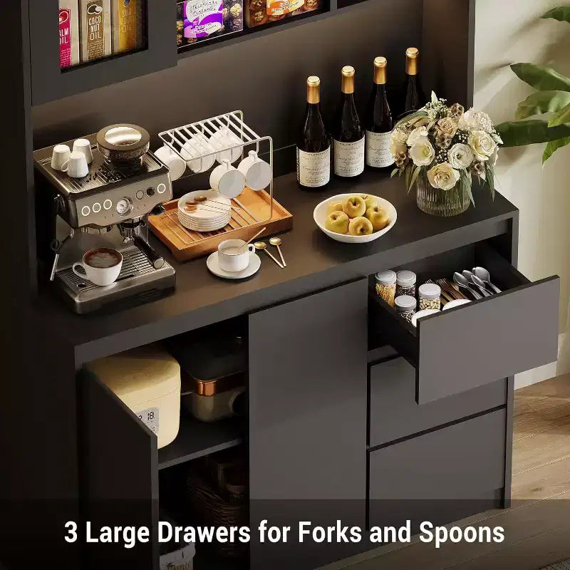 Meuble de rangement 71 po pour garde-manger/cuisine, meuble de rangement avec lumières DEL et prises de courant, support pour micro-ondes, porte en verre, étagères réglables