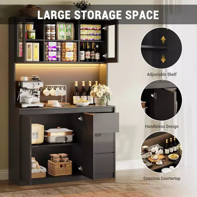 Meuble de rangement 71 po pour garde-manger/cuisine, meuble de rangement avec lumières DEL et prises de courant, support pour micro-ondes, porte en verre, étagères réglables