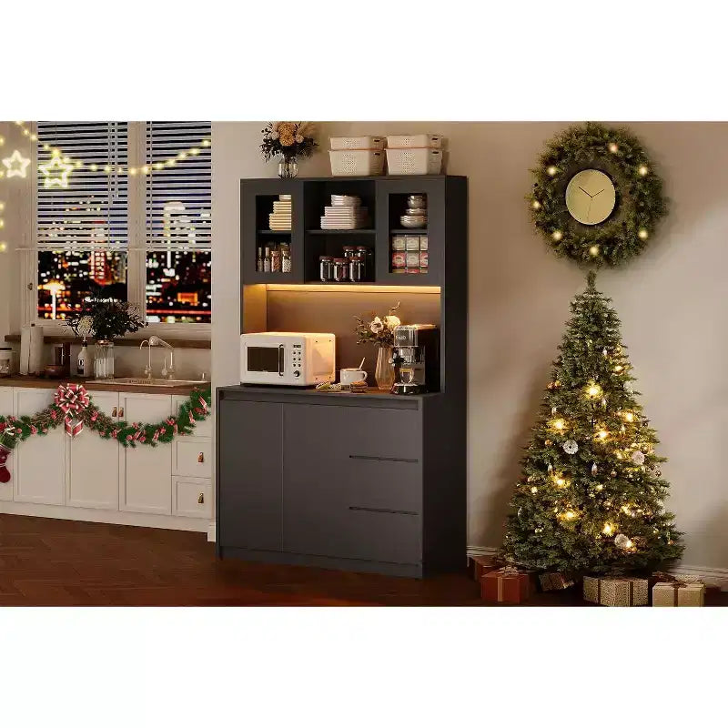 Meuble de rangement 71 po pour garde-manger/cuisine, meuble de rangement avec lumières DEL et prises de courant, support pour micro-ondes, porte en verre, étagères réglables