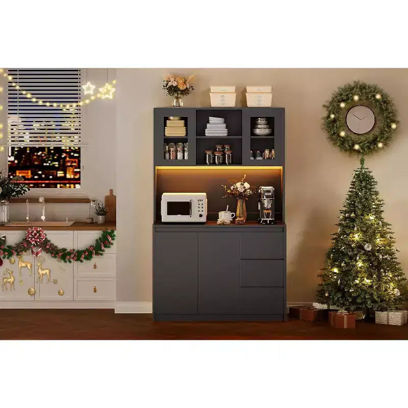 Meuble de rangement 71 po pour garde-manger/cuisine, meuble de rangement avec lumières DEL et prises de courant, support pour micro-ondes, porte en verre, étagères réglables